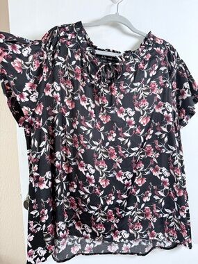 Lane Bryant Black Floral Peasant Tie-Neck Blouse - Pink Floral Pre Owned